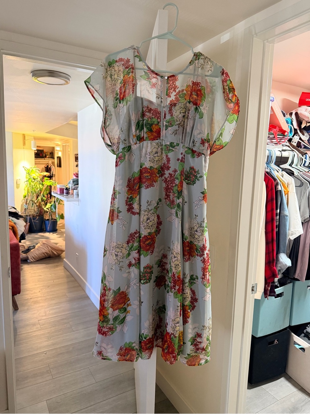 Hell Bunny Light Blue Floral Midi Dress with Red & Green Blooms